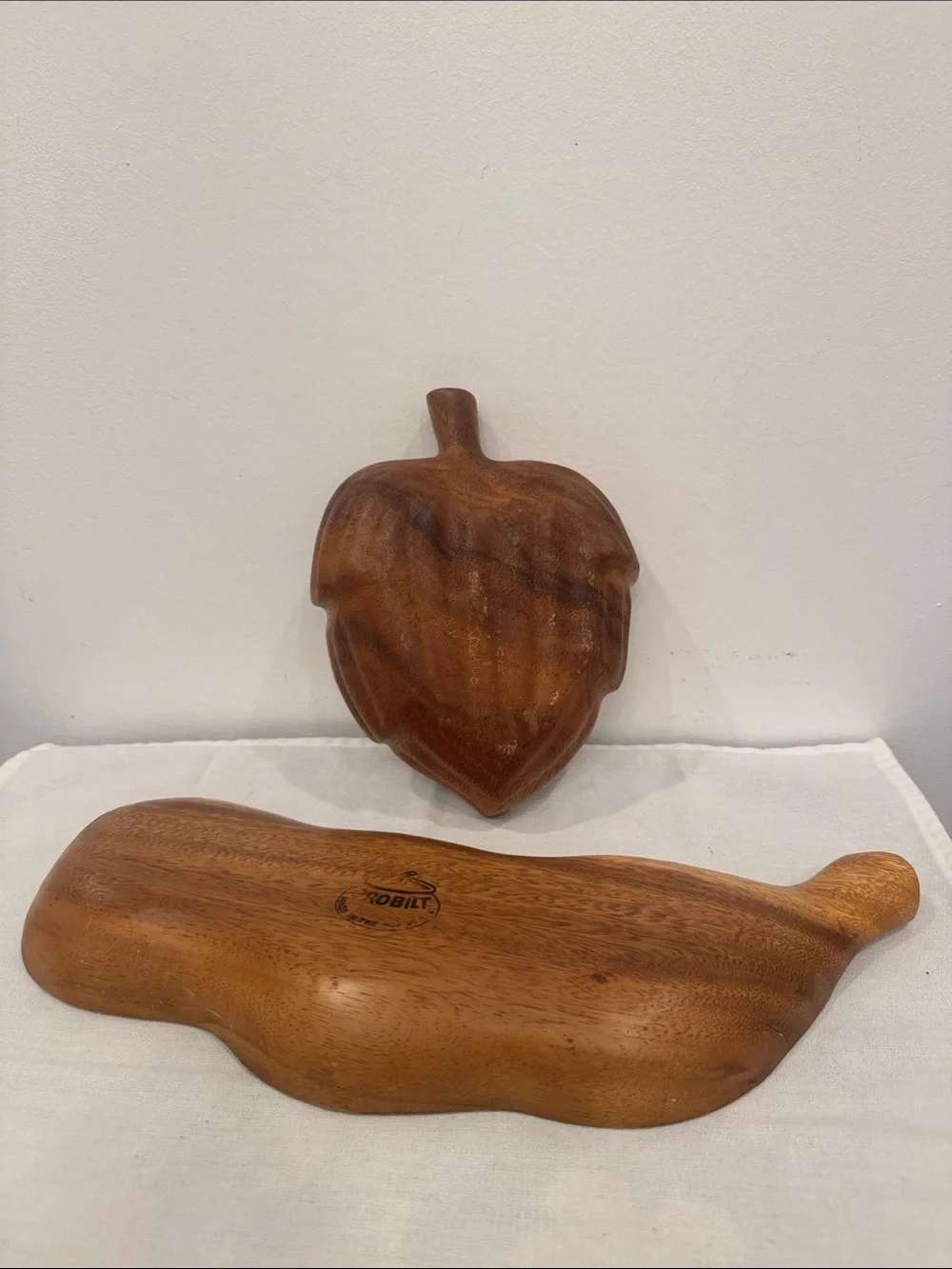 Vintage Hand-Carved Wood Bowl Serving Set Mid-Century Tiki Decor Banana Leaf